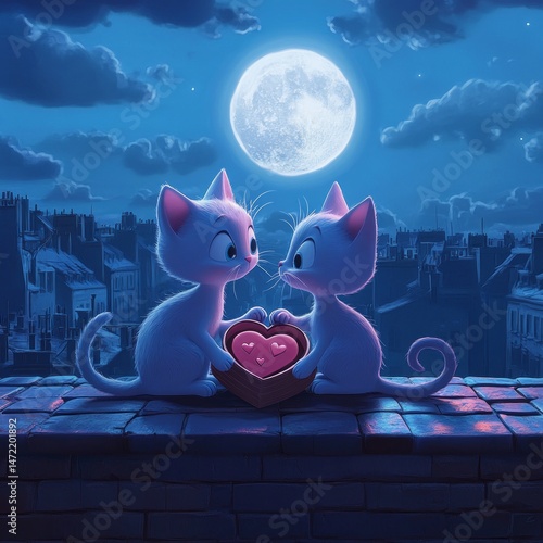 Sweet Cats Gazing at Moonlight with Heart Shaped Box on Roof