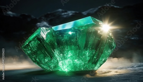 Wallpaper Mural A huge faceted green gemstone emitting bright light from the top with swirling smoke against a dark background. Torontodigital.ca