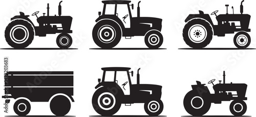 Black silhouette collection of agricultural tractors and a trailer for farming and agricultural use