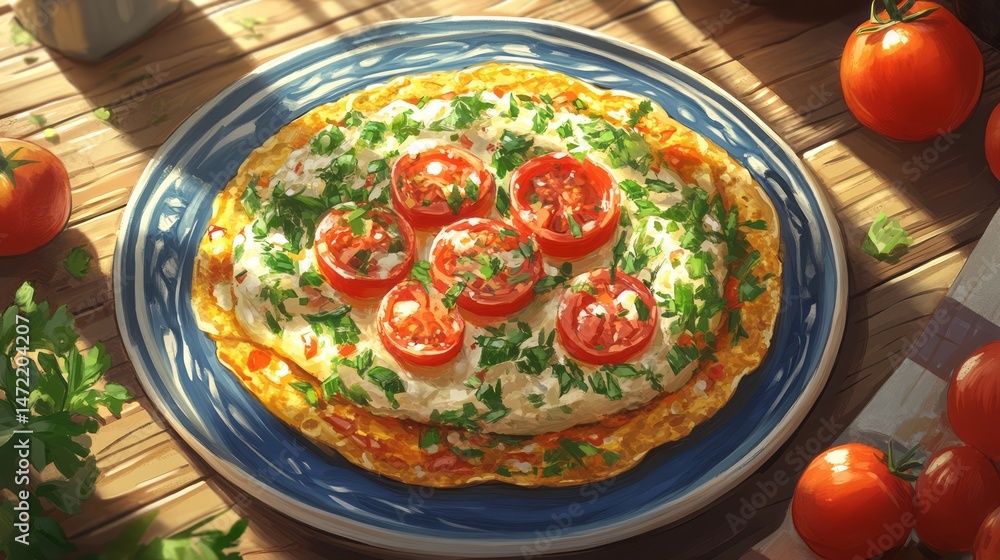 Deliciously presented egg dish with tomatoes and herbs. Deliciously presented egg dish with tomatoes and herbs.