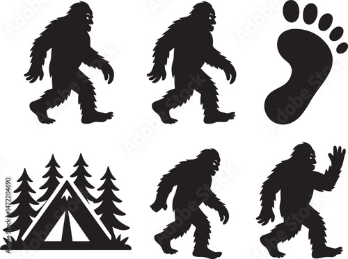 Collection of vector silhouettes of bigfoot monster footprint tent and forest elements