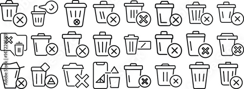 A minimalist black and white set of trash bin icons representing a variety of delete and reject concepts.