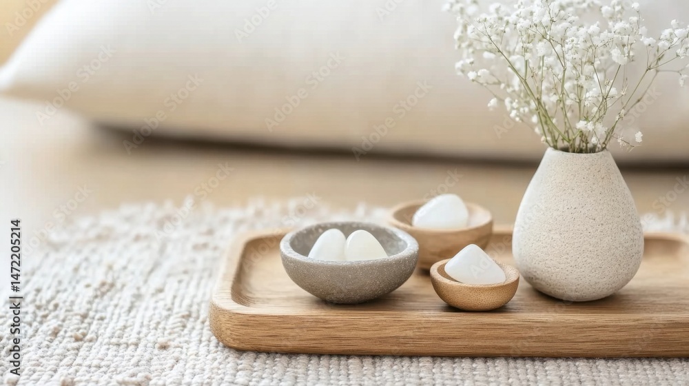 Serene spa setting with white stones, wooden tray, and gypsophila flowers in a textured vase, creating a calming atmosphere. : Generative AI Serene spa setting with white stones, wooden tray, and gypsophila flowers in a textured vase, creating a calming atmosphere. : Generative AI