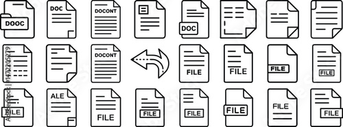 Collection of document file icons and symbols for digital data sharing and file set management.