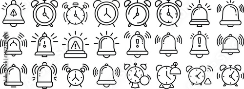 Collection of various linear icons representing alarms alarm clocks and bells in different designs