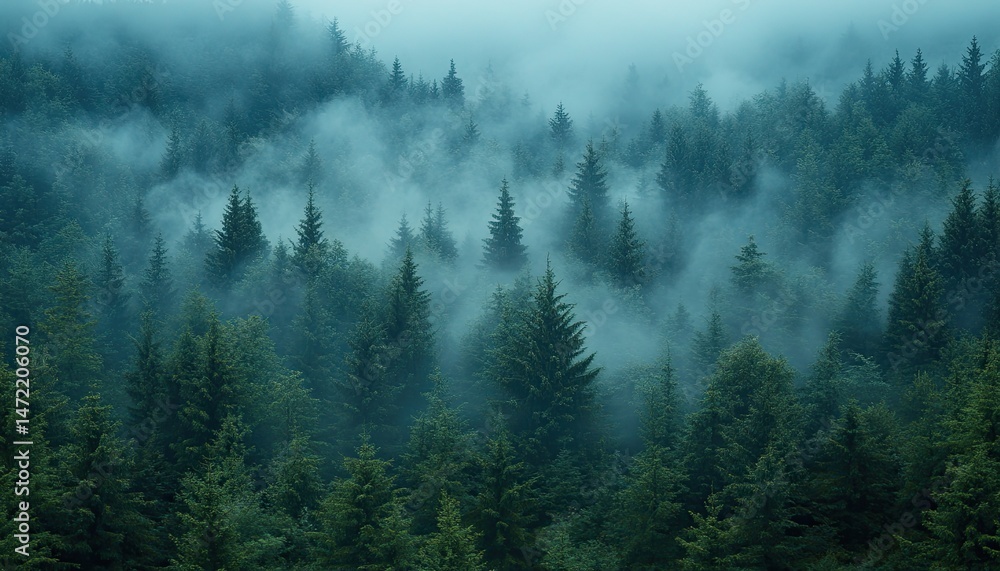 Fototapeta premium Lush green fir forest shrouded in mysterious swirling fog. Ideal for conveying themes of nature, peace, and adventure.