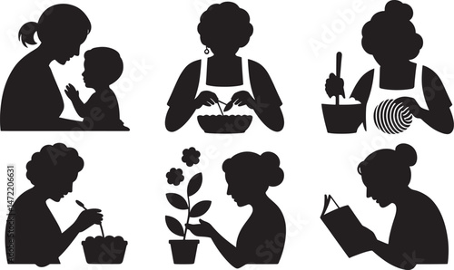 Silhouetted representations of daily activities showcasing mothers and women engaged in various tasks