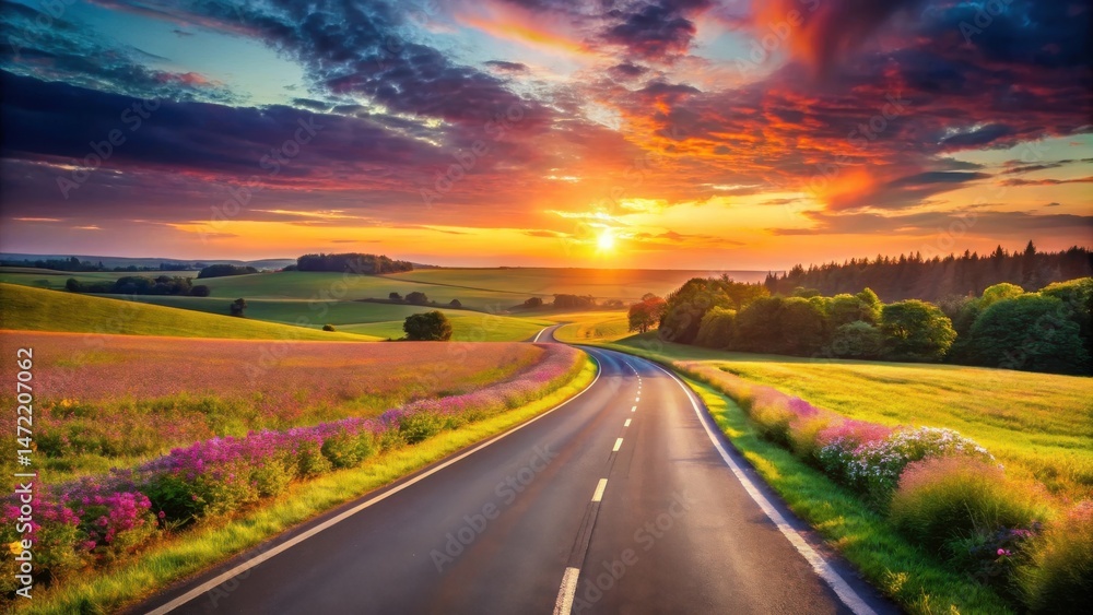 custom made wallpaper toronto digitalSerene Sunset Drive Through Rolling Hills and Wildflowers