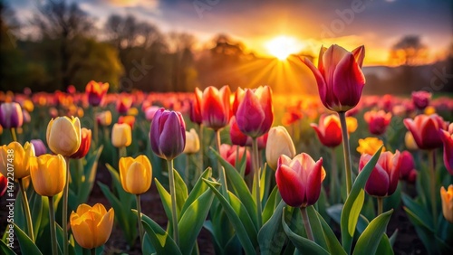 Wallpaper Mural Vibrant tulips illuminated by the warm glow of a breathtaking sunset in a picturesque field Torontodigital.ca