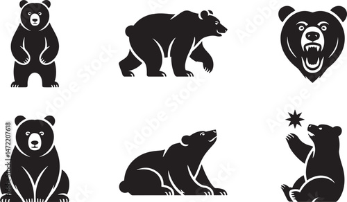 Vector set of black bear illustrations in various poses for design and decoration