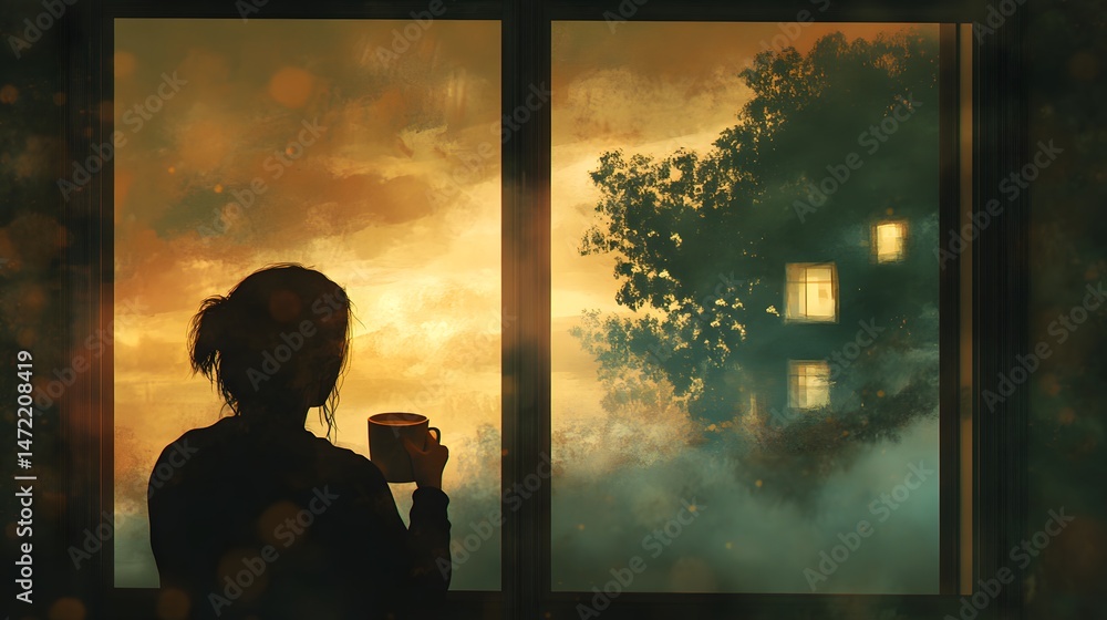 Fototapeta premium Person holding a cup of coffee gazing out the window lost in reflection