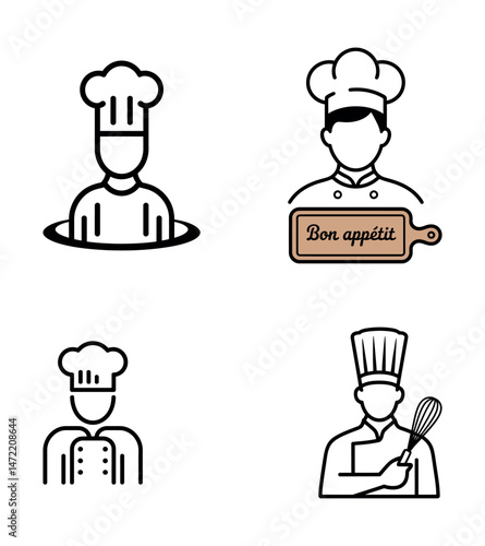 Chef line drawing with menu and spoon, minimalist outline chef design for culinary art