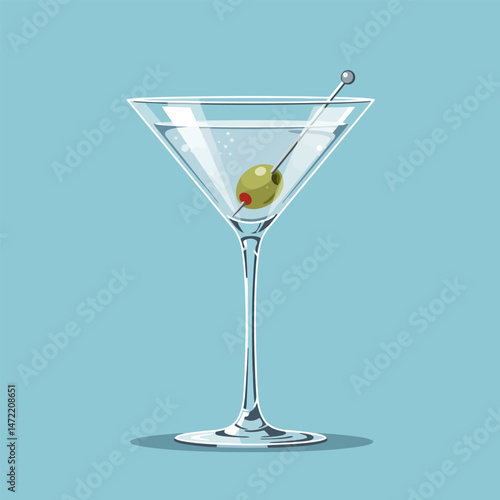 Classic Glass with Clear Liquid and Olive Skewer on Blue
