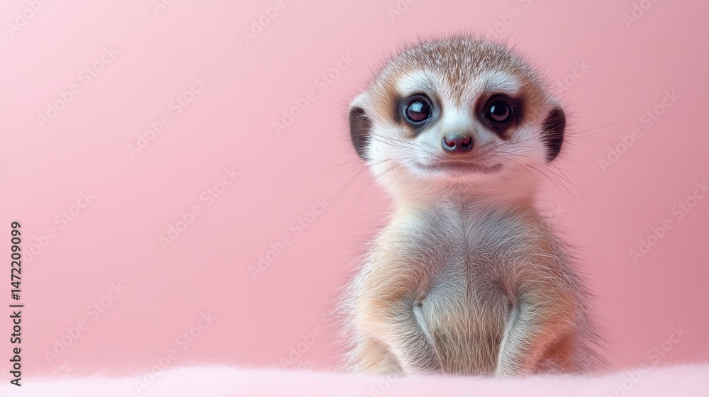 Obraz premium Cute baby meerkat full body portrait on light pink background for wildlife education and animal protection.