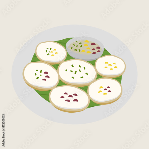 Thai dessert coconut rice pancake Khanom krok traditional sweet round shape green banana leaf white creamy topping chive garnish yellow corn red bean