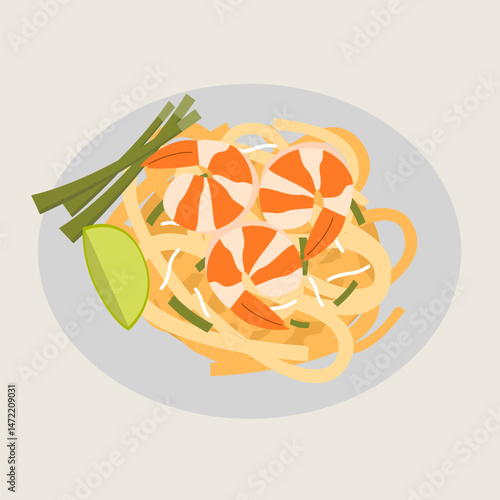 Pad thai shrimp noodle lime chive bean sprout traditional Asian cuisine delicious flat illustration plate food meal lunch dinner garnish vegetable egg stir fried sweet savory tangy protein seafood