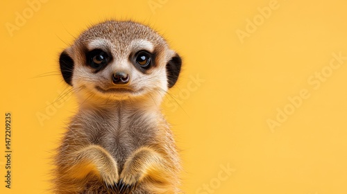 Cute baby meerkat full body portrait on light pink background for wildlife education and animal protection.
