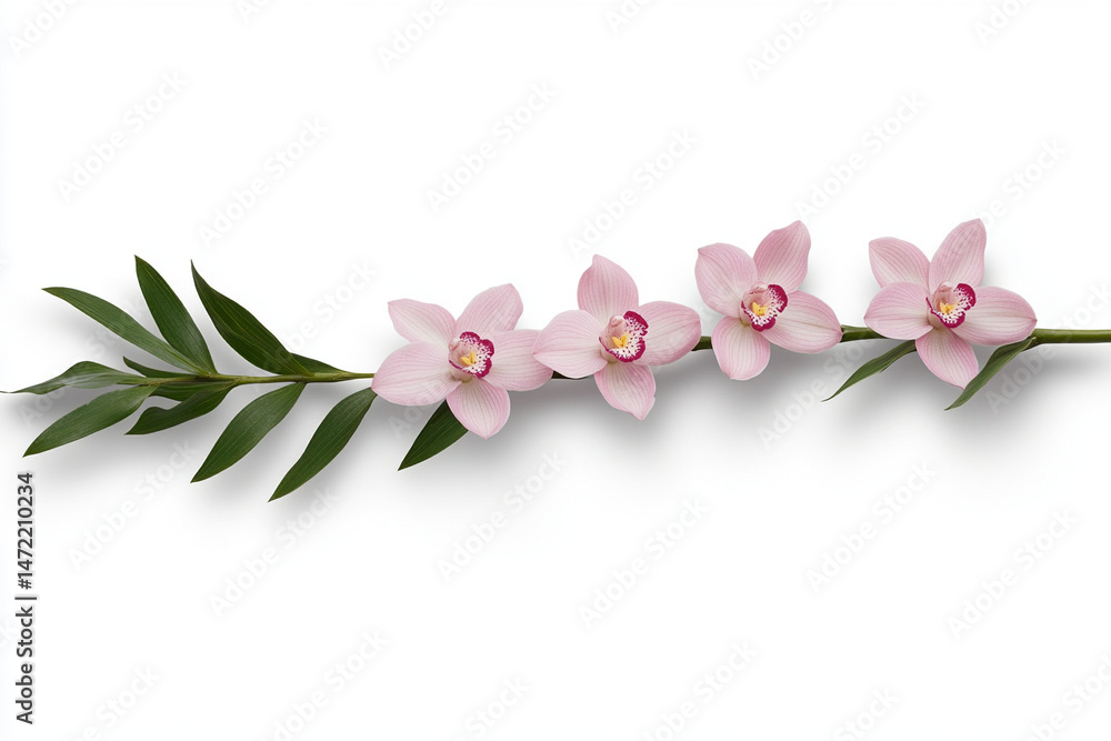 Fototapeta premium Orchid branch with five pink-purple flowers in full bloom, isolated on clean white background