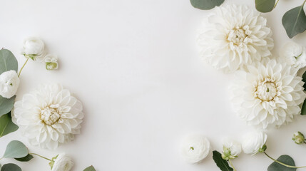 Elegant white dahlia and ranunculus blossoms arranged on a white background, creating a minimalist floral border perfect for wedding invitations or feminine branding. : Generative AI