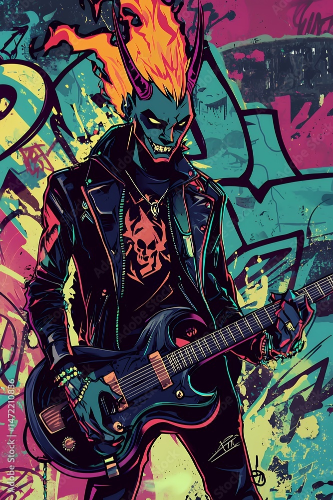 Fiery Guitarist: Urban Art Fantasy Fiery Guitarist: Urban Art Fantasy