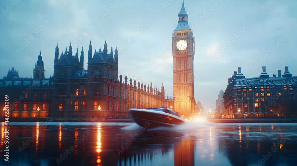 Naklejka premium A speedboat glides past the Houses of Parliament and Big Ben at twilight, reflecting city lights on a serene river