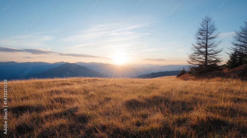 Obraz premium Golden hour sunset over a vast mountain range, viewed from a high grassy field with a solitary coniferous tree silhouetted against the vibrant sky. : Generative AI
