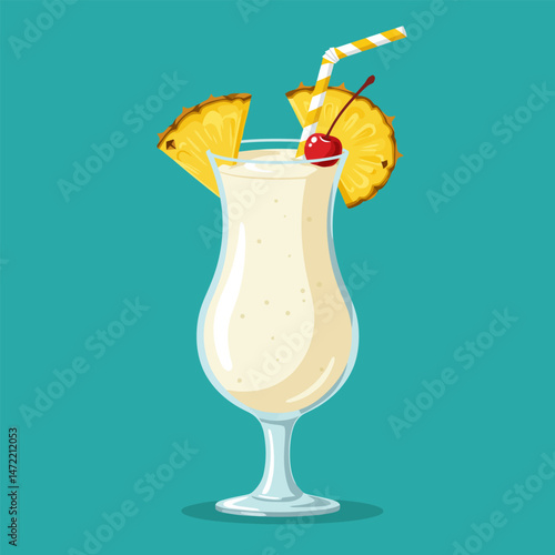 Serving Pina Colada Cocktail with Pineapple and Cherry Garnish on Blue