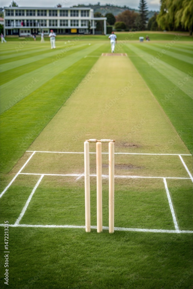Fototapeta premium Close-up of a Green Cricket Pitch on Outdoor Sports Field 