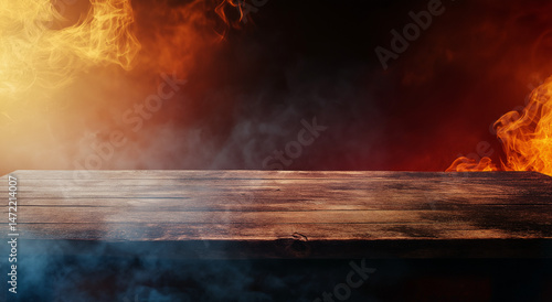 mesa de madeira rústica vazia com fundo dramático de fogo e fumaça, perfeita para exibir produtos, alimentos ou bebidas em uma atmosfera intensa e ardente