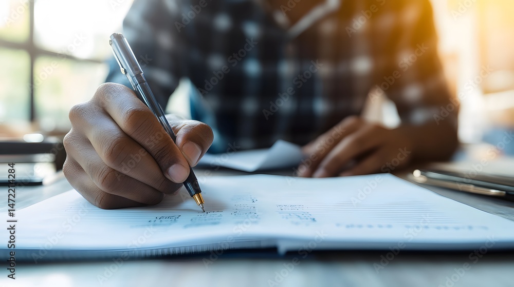 Fototapeta premium Close-up of a person hand writing goals and reflections in a journal