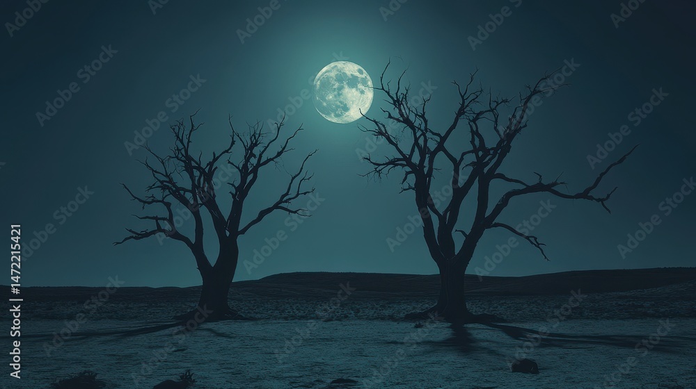 Fototapeta premium Two Bare Trees Silhouetted Against a Bright Full Moon and Dark Night Sky