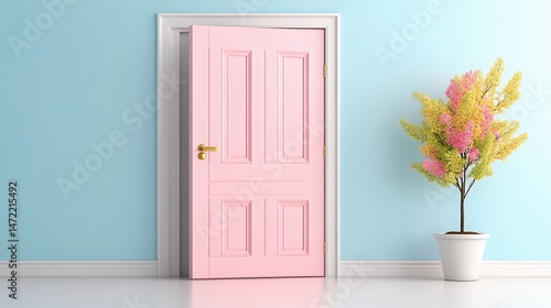 Ajar Pink Door and Blooming Plant in a Light Blue Room