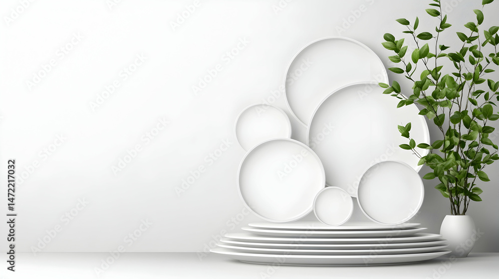 Fototapeta premium Minimalist white plates and plant arrangement against a white wall