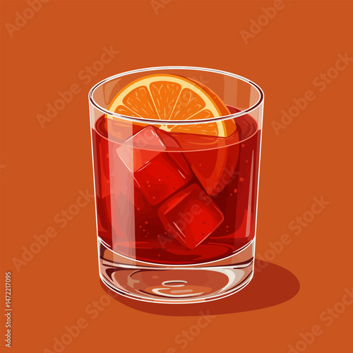 Refreshing Drink with Orange Slice and Ice Cubes in Glass