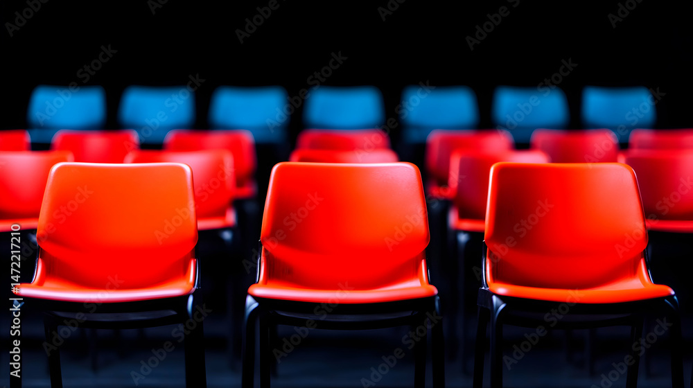 Naklejka premium Rows of red and blue plastic chairs in a dark room, suggesting an auditorium or theater setting