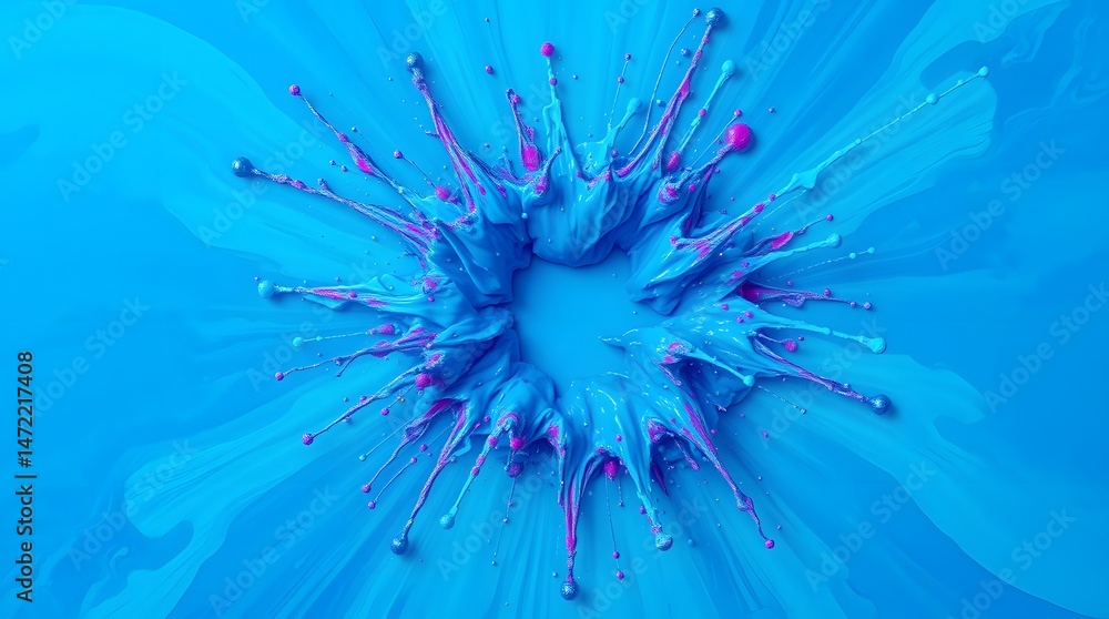 Obraz premium Vibrant blue paint splash explosion with pink accents, creating a dynamic and energetic circular design against a bright blue background. High-resolution, 3D render.
