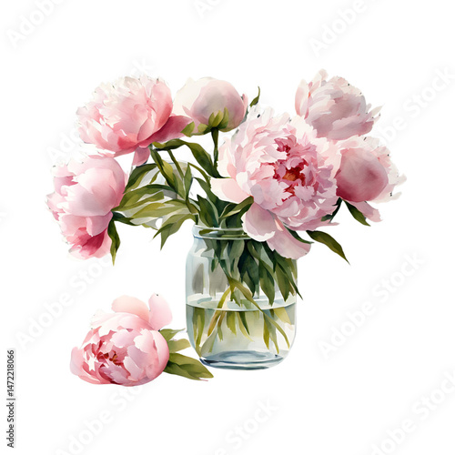 Watercolor Peony Clipart PNG – Hand-painted Blush Pink Peonies with Transparent Background for Wedding and Floral Design