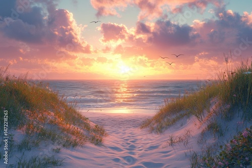 Serene sunset over a sandy beach path, with gentle waves and flying seagulls creating a peaceful coastal scene. : Generative AI