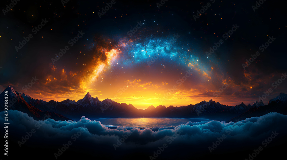 Fototapeta premium A vibrant, celestial arc graces a mountainous landscape at sunset, reflected in a serene, cloud-filled valley