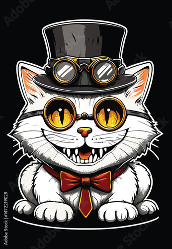 A cute black cartoon vector illustration features a funny feline pet, a cat in a hat with a mask, its big eyes the focus of this domestic animal portrait
