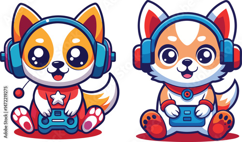 Adorable gamer puppies playing video games, Chihuahuas playing video games happily, Gamer dog vector illustration, Video game lover dog design concept