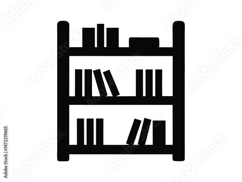 Black silhouette of a bookshelf with multiple books on white background, minimal design