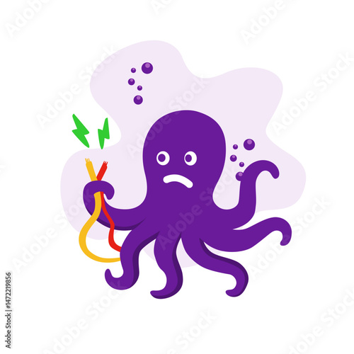 octopus holding a broken cabl.e- cartoon character