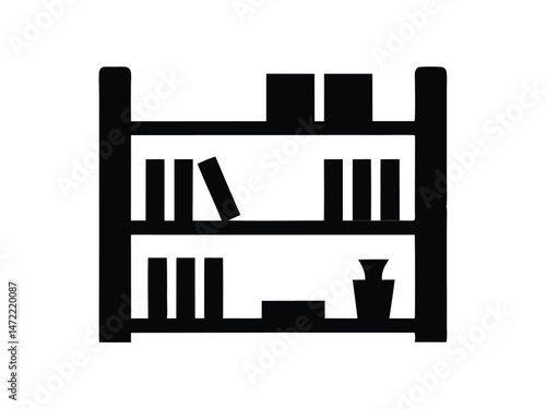 Black silhouette of a bookshelf with multiple books on white background, minimal design