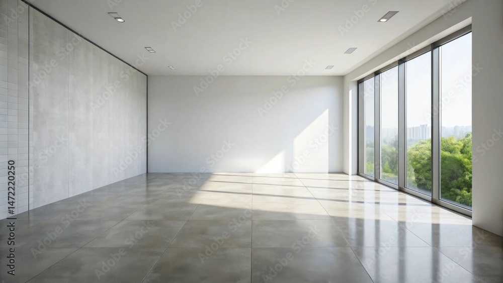 Sunlit Empty Room with Large Windows and Concrete Wall Sunlit Empty Room with Large Windows and Concrete Wall