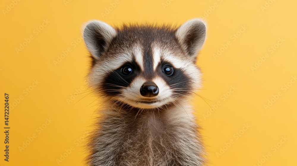 Obraz premium Cute baby raccoon full body portrait on light yellow background for wildlife education and animal protection.