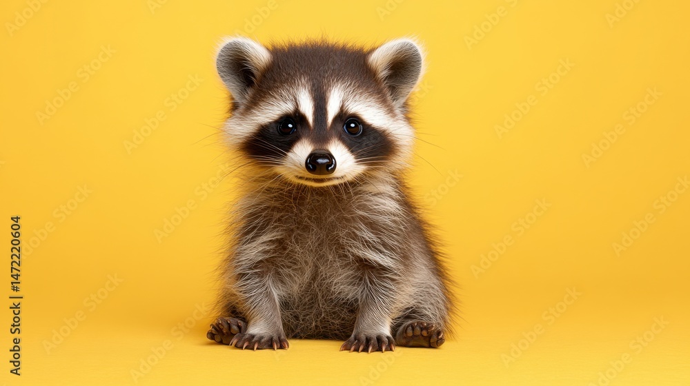Obraz premium Cute baby raccoon full body portrait on light yellow background for wildlife education and animal protection.