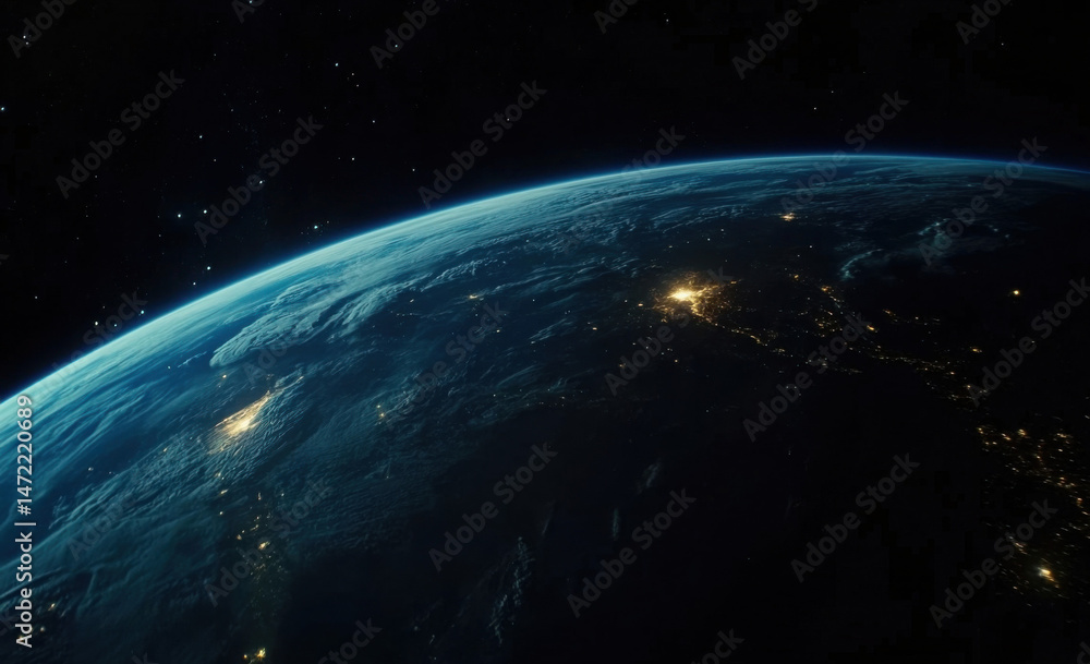 Fototapeta premium Stunning nighttime view of Earth from space, showcasing city lights illuminating the planet's curvature against a backdrop of dark space and distant stars. : Generative AI