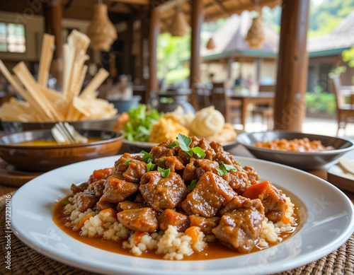 A close-up of a traditional Indonesian meat dish served on a white plate with rice and vegetables, presented on a wooden dining table.
