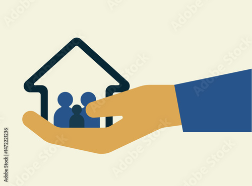 Man holding home with family members symbol illustration